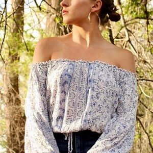 Hollister Blue and White Puff Sleeve Blouse with Smocked Tie Front